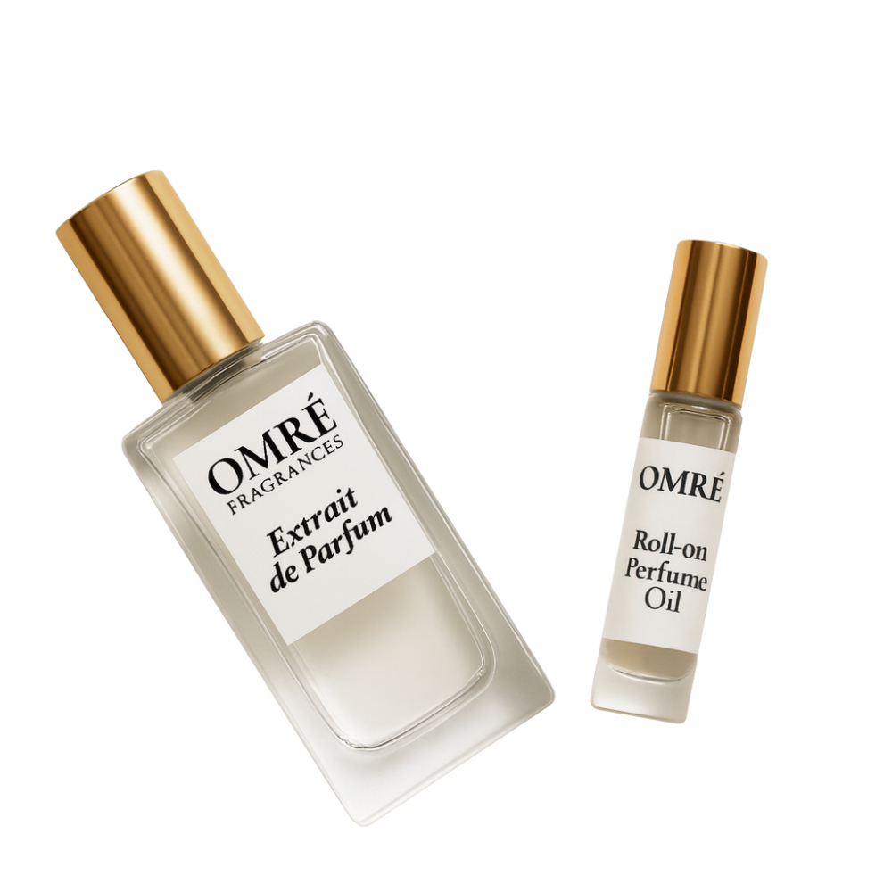Two OMRE Fragrances bottles, one large and one small, on a white background.